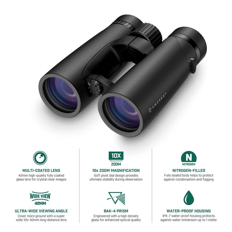 Amcrest 10x42 Roof Prism Binoculars for Adults, HD Professional Binoculars for Bird Watching, Travel, Stargazing, Hunting, Concerts, Sports, BAK-4 Prisms, Smart Phone Adaptor for Photography - Image 2
